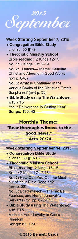 Free Bookmarks for School Schedule September 2015 - Jehovah's Witness