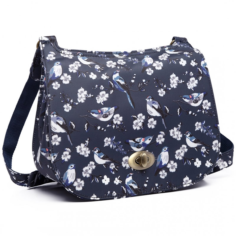 MISS LULU MATTE OILCLOTH BIRD PRINT SADDLE BAG NAVY NAVY