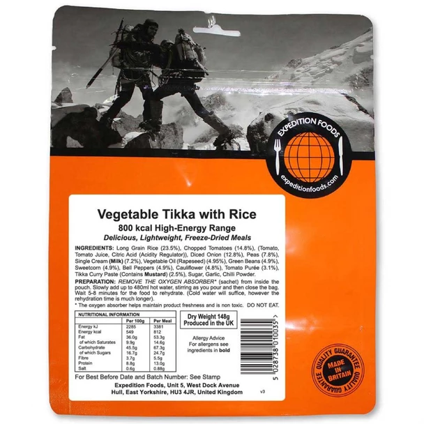Expedition Foods Freeze Dried High Energy Meal Range   - Vegetable Tikka with Rice
