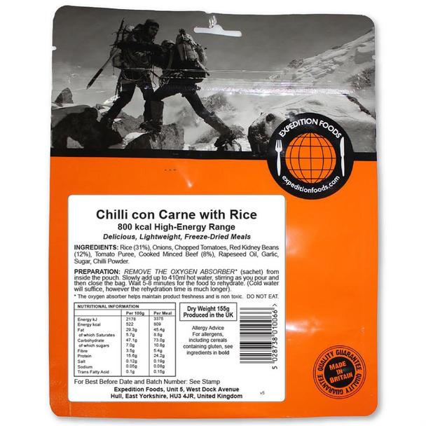 Expedition Foods Freeze Dried High Energy Meal Range   - Chilli Con Carne with Rice