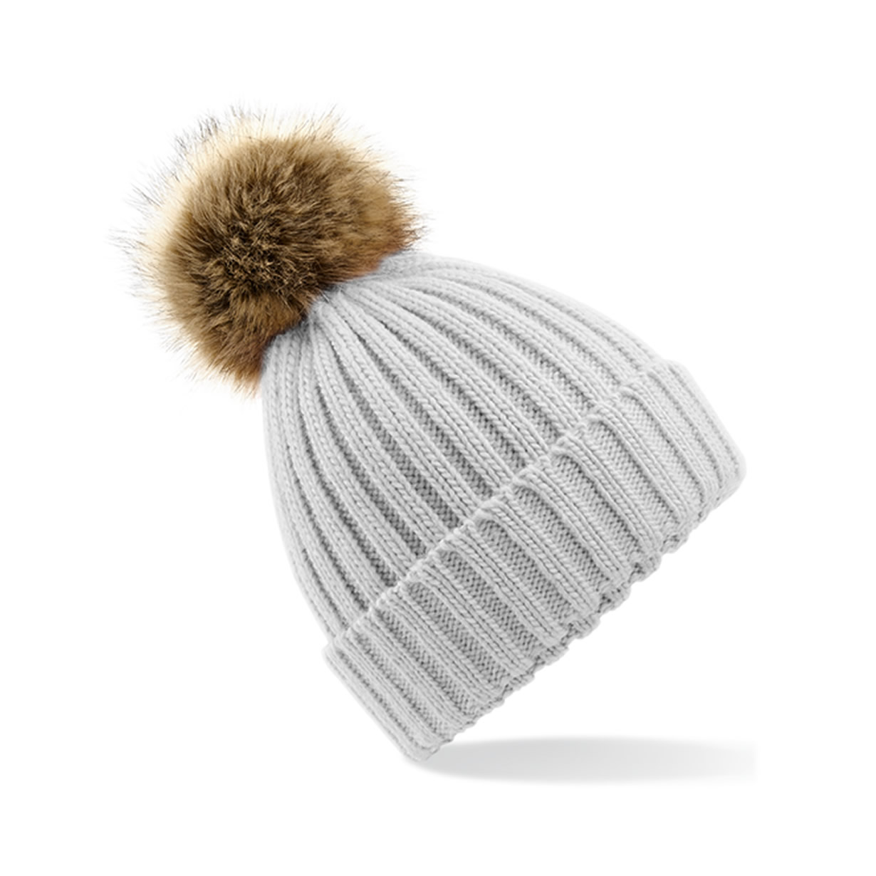 Faux Fur Pop Pom Chunky Knit Beanie  - Light Grey