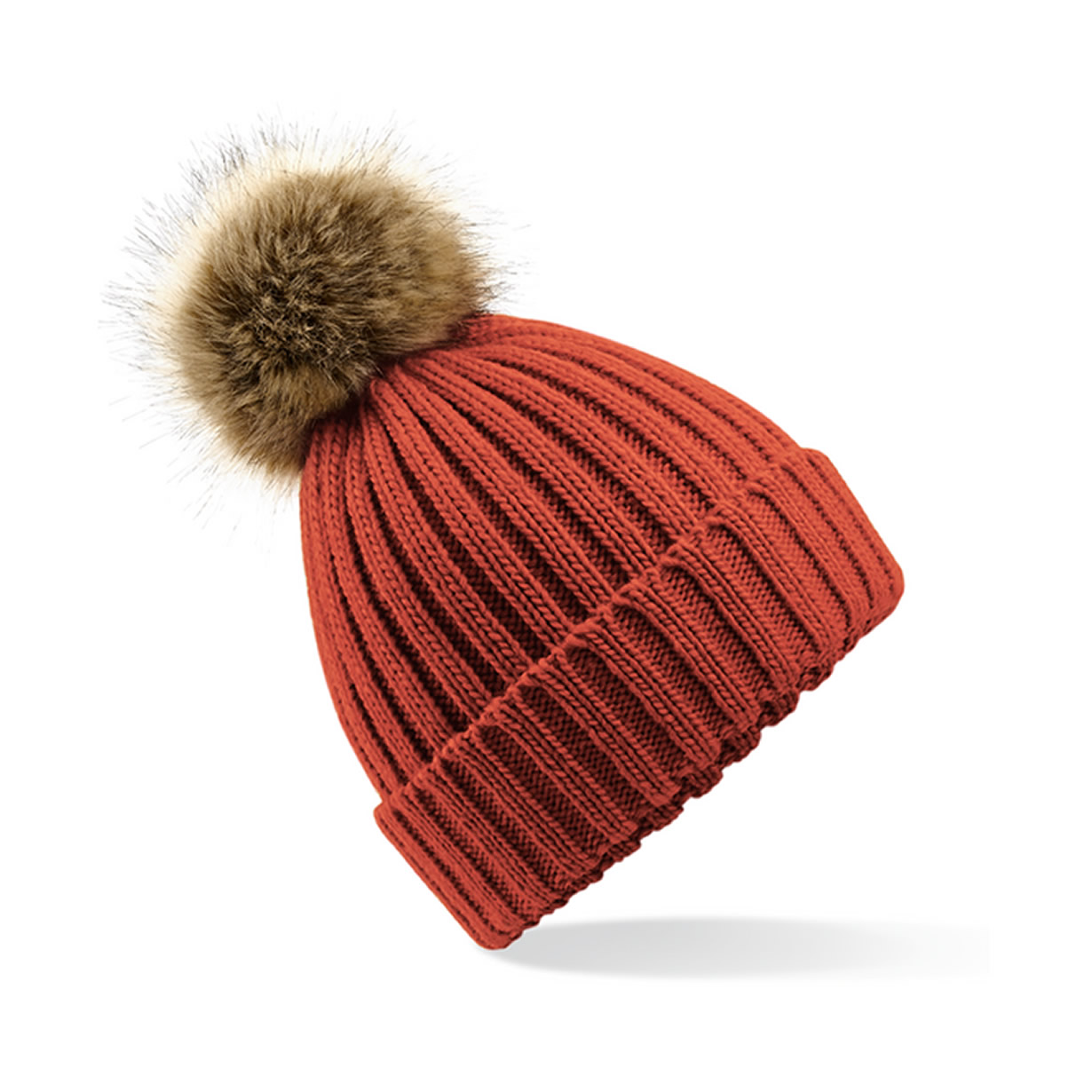 Faux Fur Pop Pom Chunky Knit Beanie  - Orange Rust