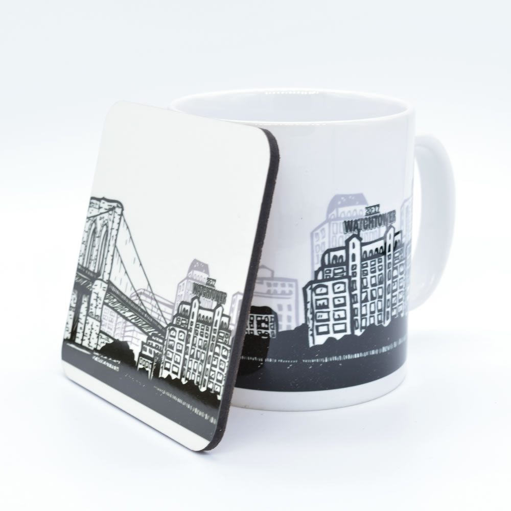 White Brooklyn NY Watchtower Mug + Coaster Set + Free Fridge Magnet   - Mug + Coaster + Magnet Set