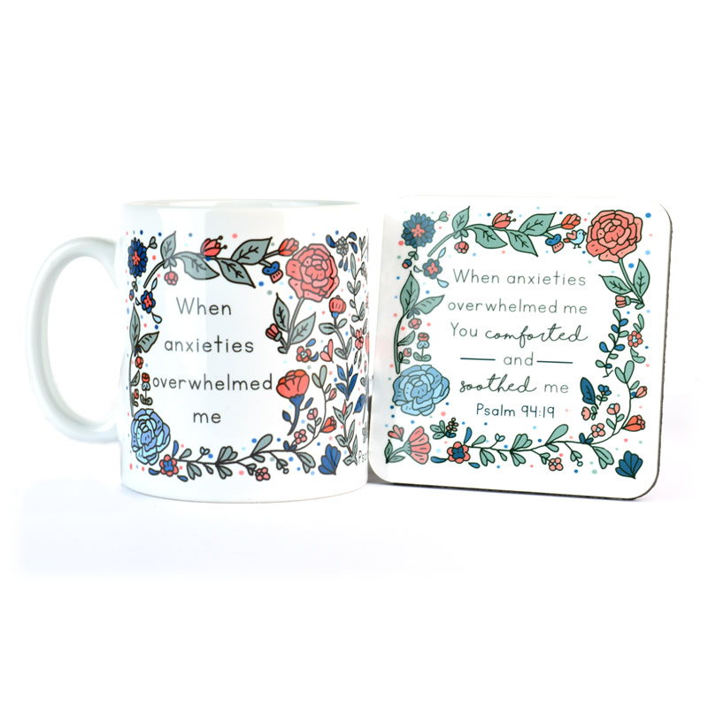 Floral JW Mug and Hard Coaster and Magnet - Psalm 94v19  - Mug + Coaster + Magnet Set