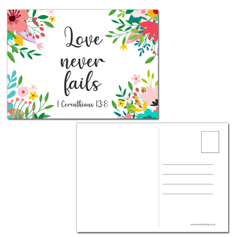 Postcard Gift Framing Print - Floral - Love Never Fails 1 Cor 13:8  - Single Postcard