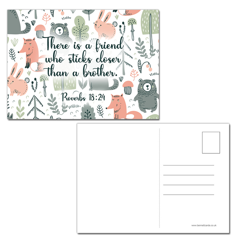 Postcard Gift Framing Print - Bears and Fox - Friend - Proverbs 18:24  - Pack of 5