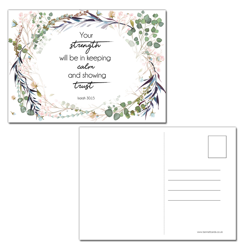 Postcard Gift Framing Print - Watercolour Foliage - Strength - Isaiah 30:15  - Single Postcard
