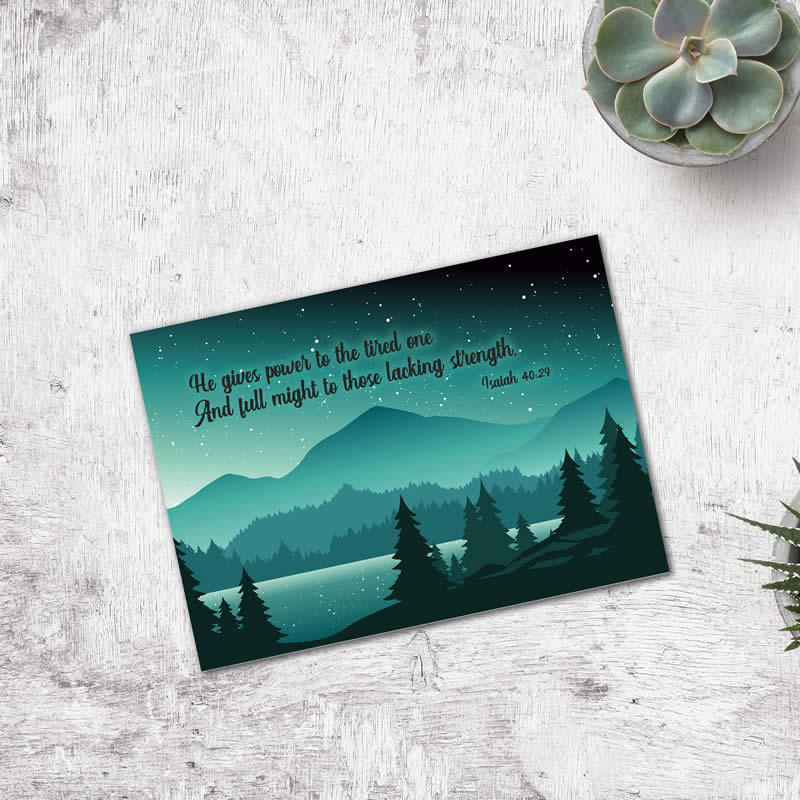 Postcard Gift Framing Print - Green Sky - He gives power - Isaiah 40:29  - Pack Size