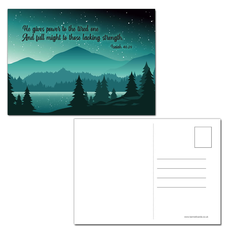 Postcard Gift Framing Print - Green Sky - He gives power - Isaiah 40:29  - Pack of 5