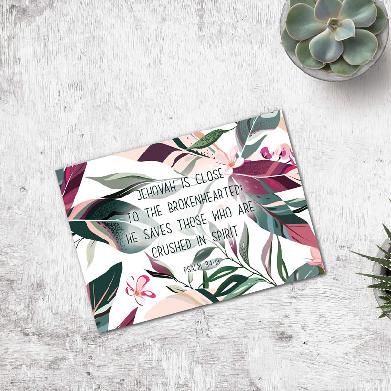 Postcard Gift Framing Print - Pink Green Leaves - Jehovah is close to the brokenhearted - Psalm 34:18  - Pack Size