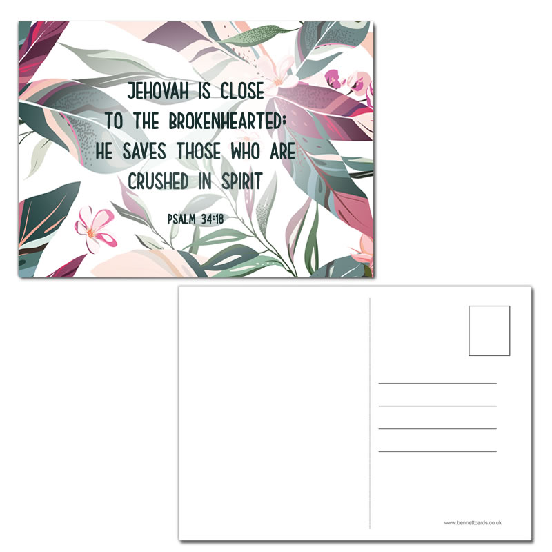 Postcard Gift Framing Print - Pink Green Leaves - Jehovah is close to the brokenhearted - Psalm 34:18  - Pack of 5