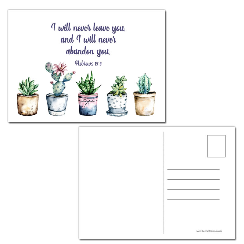 Postcard Gift Framing Print - Cactus Plants - I will never leave you - Hebrews 13:5  - Single Postcard